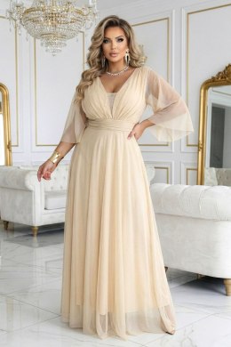 654-2 Długa połyskująca sukienka plus size z dekoltem i transparentnym rękawkiem - szampański beż Numoco basic