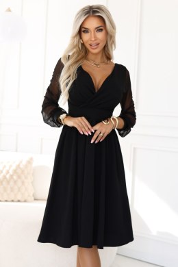 657-1 Elegancka sukienka midi z kopertowym dekoltem i tiulowymi rękawami - czarna Numoco