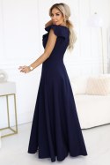 660-1 Elegancka sukienka maxi z falbankami, głębokim dekoltem i rozcięciem na nodze - granatowa Numoco