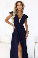 660-1 Elegancka sukienka maxi z falbankami, głębokim dekoltem i rozcięciem na nodze - granatowa Numoco