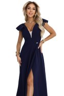 660-1 Elegancka sukienka maxi z falbankami, głębokim dekoltem i rozcięciem na nodze - granatowa Numoco