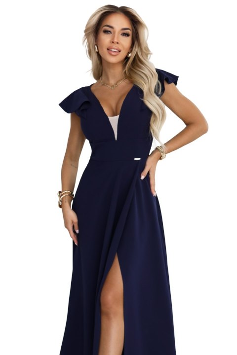 660-1 Elegancka sukienka maxi z falbankami, głębokim dekoltem i rozcięciem na nodze - granatowa Numoco