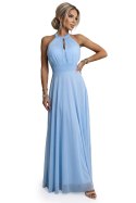 662-1 Elegancka sukienka wieczorowa maxi halter z tiulem i wiązaniem w talii - błękitna Numoco basic