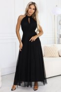 662-2 Elegancka sukienka wieczorowa maxi halter z tiulem i wiązaniem w talii - czarna Numoco basic