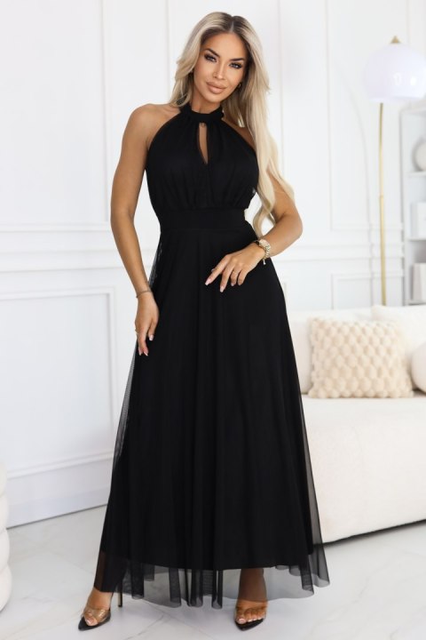 662-2 Elegancka sukienka wieczorowa maxi halter z tiulem i wiązaniem w talii - czarna Numoco basic