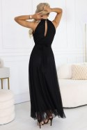 662-2 Elegancka sukienka wieczorowa maxi halter z tiulem i wiązaniem w talii - czarna Numoco basic