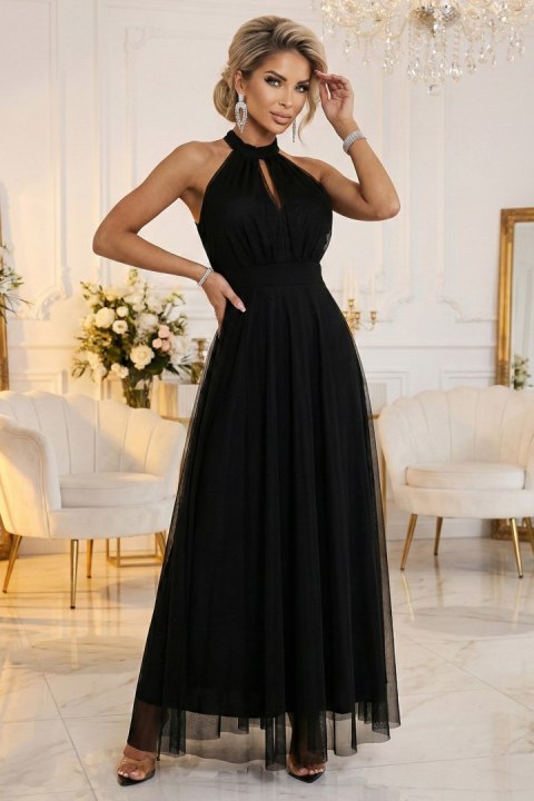 662-2 Elegancka sukienka wieczorowa maxi halter z tiulem i wiązaniem w talii - czarna Numoco basic