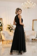 662-2 Elegancka sukienka wieczorowa maxi halter z tiulem i wiązaniem w talii - czarna Numoco basic
