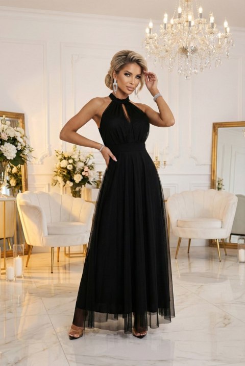 662-2 Elegancka sukienka wieczorowa maxi halter z tiulem i wiązaniem w talii - czarna Numoco basic