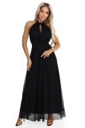 662-2 Elegancka sukienka wieczorowa maxi halter z tiulem i wiązaniem w talii - czarna Numoco basic