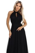 662-2 Elegancka sukienka wieczorowa maxi halter z tiulem i wiązaniem w talii - czarna Numoco basic