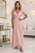 635-7 MELANIA długa błyszcząca suknia na wesele z dekoltem i krótkim rękawkiem - brzoskwiniowa Numoco basic