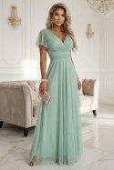 635-8 MELANIA długa błyszcząca suknia z dekoltem i krótkim rękawkiem - pistacjowa Numoco basic