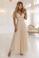635-9 MELANIA długa błyszcząca suknia na wesele z dekoltem i krótkim rękawkiem - beżowa Numoco basic