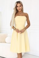 641-3 VIVIENNE gorsetowa rozkloszowana sukienka midi z paskiem - pastelowy żółty Numoco