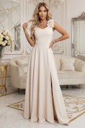 643-3 Elegancka wieczorowa suknia maxi z rozcięciem i różami - beżowa Numoco