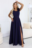 643-4 Elegancka wieczorowa suknia maxi z rozcięciem i różami - granatowa Numoco