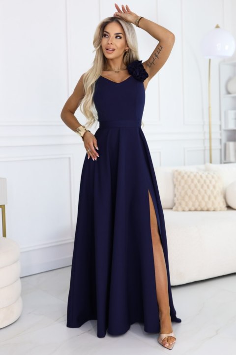 643-4 Elegancka wieczorowa suknia maxi z rozcięciem i różami - granatowa Numoco