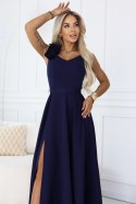 643-4 Elegancka wieczorowa suknia maxi z rozcięciem i różami - granatowa Numoco