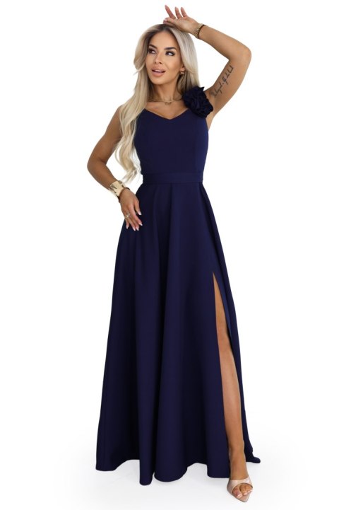 643-4 Elegancka wieczorowa suknia maxi z rozcięciem i różami - granatowa Numoco
