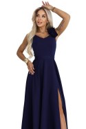 643-4 Elegancka wieczorowa suknia maxi z rozcięciem i różami - granatowa Numoco